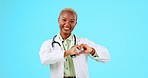 Happy black woman, portrait or doctor with heart hands shape or smile in studio on blue background. Mockup space or African nurse with medical healthcare or wellness smiling with love symbol or sign