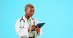 Tablet, woman doctor and isolated on studio background for healthcare research, results or telehealth services. Medical person working or typing on digital tech, yes and data analysis on mockup space