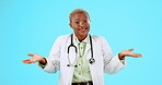 Confused, doctor and black woman shrugging with doubt in studio isolated on a blue background. Face portrait, female medical professional and confusion, question or unsure, uncertain and dont know.