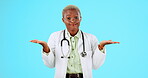 Hands, black doctor and woman on an isolated and transparent png background. Emoji communication, medical professional with stethoscope around her neck and nurse or surgeon gesturing review.