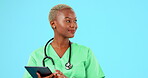 Smile, nurse and black woman thinking with tablet in studio isolated on a blue background mockup. Technology, female medical professional and idea for healthcare solution, research and telehealth.
