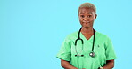 Face, surgeon and black woman shaking head in studio isolated on a blue background mockup. Portrait, female medical professional or no, rejection or disagreement of healthcare nurse or serious person
