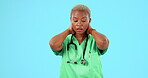 Stress, nurse and black woman with depression in studio isolated on a blue background mockup. Anxiety, fatigue and female medical professional serious, neck pain and sad after bad news or problem.