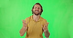 Sad, upset and face of a man on a green screen isolated on a studio background. Yelling, talking and portrait of a guy speaking, begging or looking unhappy with mental health problem on a backdrop