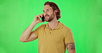 Phone call, talking and man on green screen in studio isolated on a mockup background. Cellphone, conversation and happy person in discussion, speaking or chatting with contact on hand held mobile