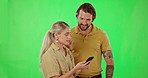 Couple walking, phone gps and green screen on travel holiday talking about direction. Isolated, studio background and woman with a mobile and conversation on vacation looking at road map for help 