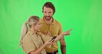 Couple, phone gps and green screen on travel holiday talking about direction. Isolated, studio background and woman with a mobile and conversation on vacation looking at road map for help and support
