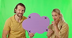 Secret, information board and people on green screen isolated on a studio background. Space, tracking markers and face portrait of a man and woman with silence gesture and a mockup cloud announcement