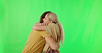 Keys, homeowner and wow with a couple on a green screen background hugging in celebration in studio. Portrait, real estate or property with a man and woman cheering together after a surprise purchase
