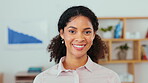 Face, smile and business woman in office with pride for career, occupation or job in workplace. Portrait, multiracial and happy female professional, entrepreneur or confident person from South Africa