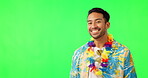 Mockup, vacation and yes with man on green screen for agreement, promotion and idea. Tropical, travel and holiday with male tourist isolated on studio background for decision, choice and opinion