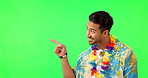 Pointing, green screen and come join us in Hawaii with a man in studio to offer a holiday or vacation trip. Portrait, smile and welcome with a happy young male tourist in the promotion of travel 