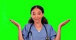 Nurse, green screen and woman with palm space in studio isolated on a background. Face portrait, medical professional and happy person with hand mockup, product placement or shrug, question or doubt.