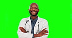 Face, doctor and black man with arms crossed on green screen in studio isolated on a background mockup. Portrait, medical professional or happy, pride or confident person or surgeon from South Africa