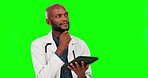 Tablet, doctor thinking and black man on green screen in studio isolated on mockup background. Medical surgeon, technology or happy person with healthcare solution, telehealth idea or problem solving