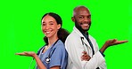 Palm space, doctor and nurse on green screen in studio isolated on a background. Face, portrait and happy medical teamwork of woman and black man with advertising, mockup and product placement.