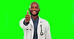 Doctor, black man and thumbs up and down on green screen in studio isolated on a background mock up. Face portrait, medical surgeon and person with hand gesture for rejection emoji, wrong or opinion.