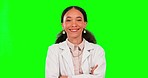 Doctor, face and woman with arms crossed on green screen in studio isolated on a background mockup. Portrait, medical professional and happy, pride and confident person or scientist from South Africa