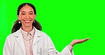 Green screen, doctor and woman with palm space in studio isolated on a background. Face portrait, medical scientist and happy person with hand mockup, product placement or advertising for marketing.