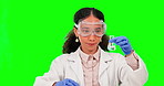 Science, thumbs down and a woman mixing on a green screen background in studio for chemical safety. Portrait, experiment and reaction with a female scientist pouring a solution on chromakey mockup