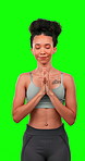 Yoga, meditation and woman with prayer hands on green screen in studio isolated on a background. Zen, meditate and person with namaste pose, breathing exercise or mindfulness, peace or healthy chakra