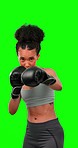 Face, boxing and woman punching on green screen in studio isolated on a background. Portrait, boxer and sports athlete training for competition, challenge or fight, workout and exercise for fitness