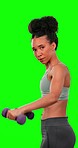 Face, workout and woman with dumbbells on green screen in studio isolated on a background. Portrait, athlete or person lifting weights for bodybuilding, fitness or training, strong muscle or exercise