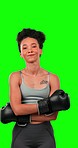 Face smile, boxing and woman on green screen in studio isolated on a background. Portrait, boxer and sports athlete training for competition, challenge or fight, workout and exercise for fitness.