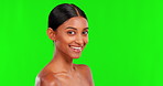 Skincare, smile and a woman on a green screen background in studio for natural beauty or cosmetics. Portrait, antiaging and treatment with a happy young female model advertising on chromakey mockup