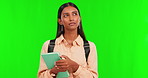 Green screen, indian woman thinking and student holding a book with backpack on back. Expression for problem solving, young female creating decisions or ideas and isolated person in chroma key