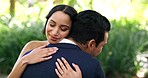 Love, marriage and couple hug in park for wedding ceremony, commitment and celebration in nature. Relationship, partnership and bride and groom embrace, hugging and happy for romance, trust and love