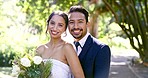 Happy wedding, couple and face in park, nature or support of celebration, bridal union or marriage. Portrait of bride, groom and smile in garden of love, life partner or celebrate commitment together