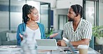 Teamwork, business and black people with tablet in office for planning, strategy and cooperation. Collaboration, man and woman with technology for discussion, brainstorming and talking in workplace.