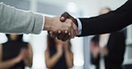 Teamwork, handshake and hands of business people for partnership, deal agreement and working together. Collaboration, corporate office and men and women shaking hand, applause and celebrate success