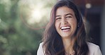 Happy, smile and face of a woman outdoor in a garden, park or nature with light and bokeh. Happiness, excited and portrait of beautiful female person with positive mindset standing outside in the sun