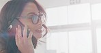 Phone call, business and hello with woman in office for communication, networking and contact. Technology, digital and professional with female employee talking for connection and conversation