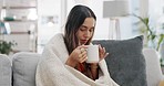 Sick woman, drinking and tea in home for healing, recovery and wellness of cold, influenza and covid infection. Female person drink cup of medicine for winter virus, allergy treatment and problem