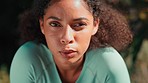 Fitness, woman rest and face breathing from exercise and run outdoor for wellness. Closeup, female athlete and runner relax after sport and training in the sun with sports and calm breathe practice