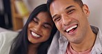 Laughing, happy couple and face on selfie, video call and profile picture for social media post at home. Portrait of young man, woman and partner taking photograph for memory, love and smile together