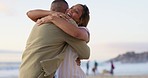 Pregnancy, beach and hug, happy couple in celebration of romantic love and family in nature. Celebrate, excited man and pregnant woman, happiness for new parents at ocean with smile for future baby.