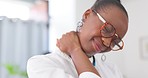 Black woman, neck pain and stress in burnout, ache or discomfort from overworked or strain at office. Tired, stressed and exhausted African American female suffering bad muscle tension at workplace