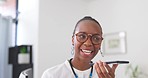 Black woman, phone call and voice note for business communication, proposal or idea at the office. African American female employee talking on mobile smartphone speaker for conversation or discussion