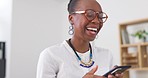 Black woman, phone and laughing for funny post, social media or meme at the office. Happy African American female with laugh for online texting, joke or fun communication on smartphone at workplace