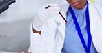 Scientist, blood test tube and clipboard for research inspection, vaccine solution or data checklist in laboratory. Healthcare, medical and hands of science woman for drugs test of red or dna liquid