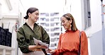 Outdoor, women and employees walking, documents and discussion for ideas, planning and teamwork. Female coworkers, staff and friends with paperwork, smile and communication outside with collaboration