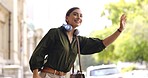 Happy, city and woman calling cab, taxi or public transport while exploring on adventure vacation. Travel, smile and young female person waving for transportation in town on holiday or weekend trip.