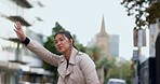 Asian woman, taxi stop and travel in city checking time for appointment, deadline or schedule trip. Female business traveler waiting or waving for transport or traveling with hand out in a urban town