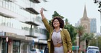 Woman, taxi stop or travel in city checking time for appointment, deadline or schedule trip. Female business traveler looking at watch or waving for transport or traveling with hand out in urban town