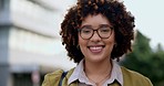 Happy, city and face of business woman on commute with smile for career, job and success. Travel, professional and portrait of female worker in urban town for startup goals, thinking and planning