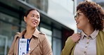 Business people, travel and passport walking in the city with luggage for work trip together.  Happy employee women taking walk and talking with flight ticket for traveling or job opportunity in town